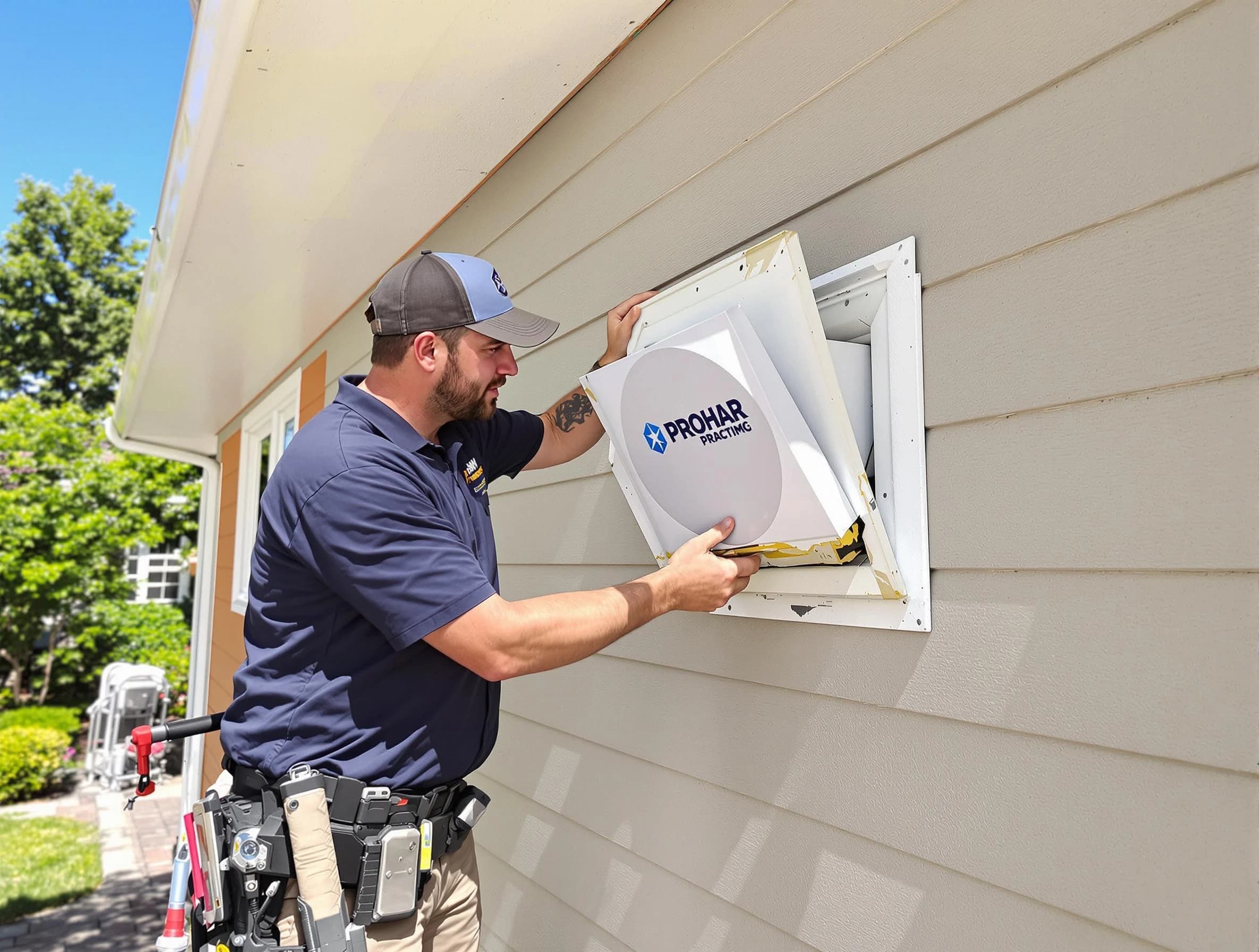 Holly Springs Dryer Vent Cleaning technician installing a new protective dryer vent cover on a home in Holly Springs