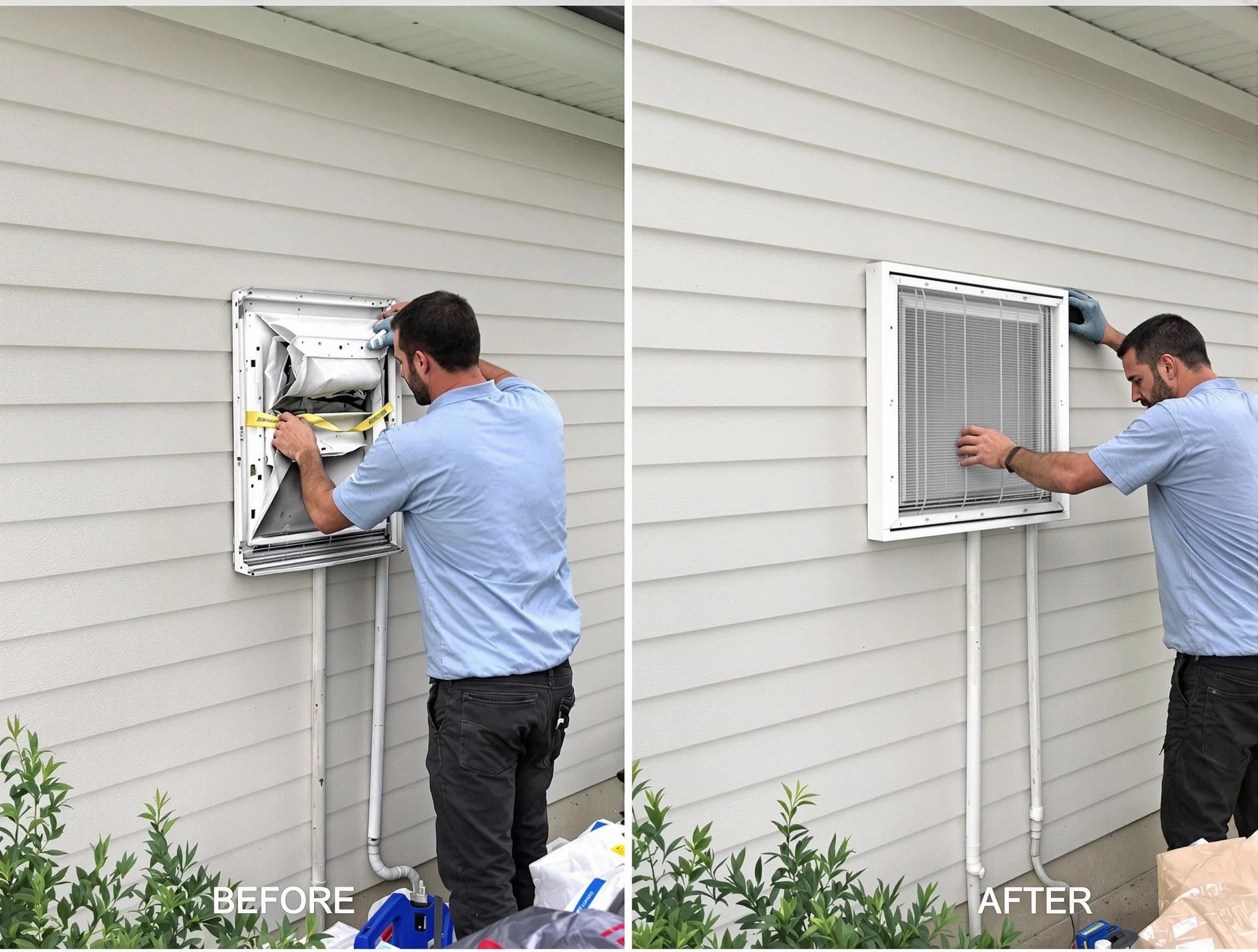 Holly Springs Dryer Vent Cleaning technician installing high-quality dryer vent cover at a residential property in Holly Springs