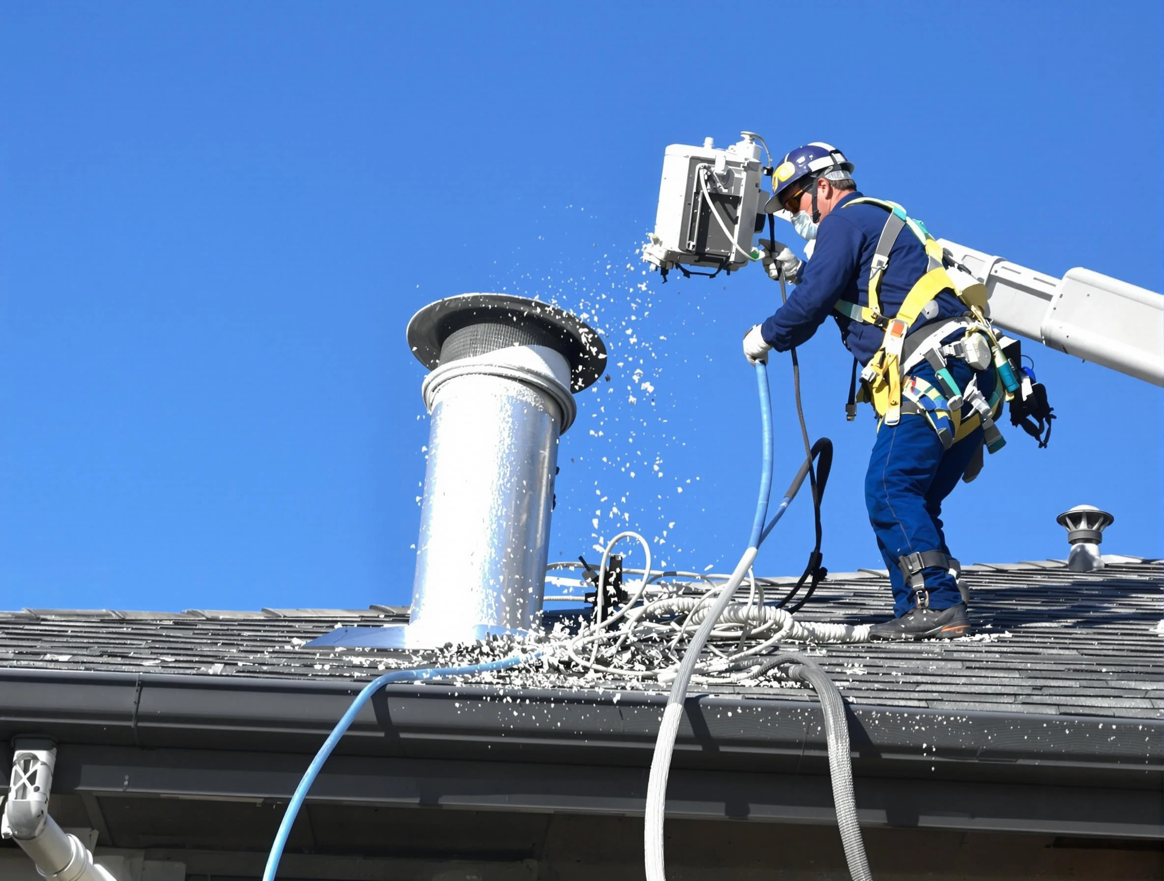 Holly Springs Dryer Vent Cleaning certified technician safely cleaning a roof-mounted dryer vent in Holly Springs